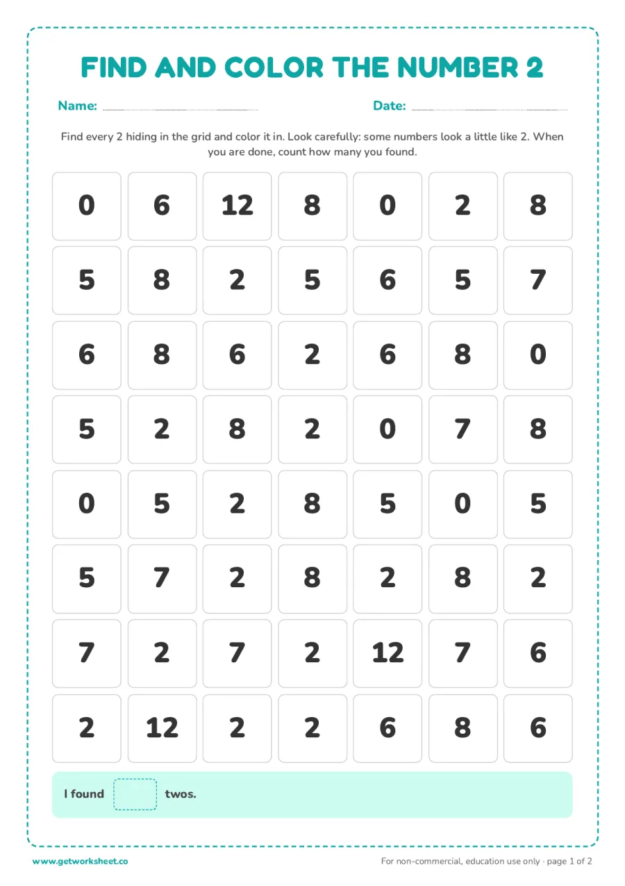 Find and color the number 2 (with answer key) – free printable PDF worksheet, page 1 preview (5 free number 2 tracing worksheets)