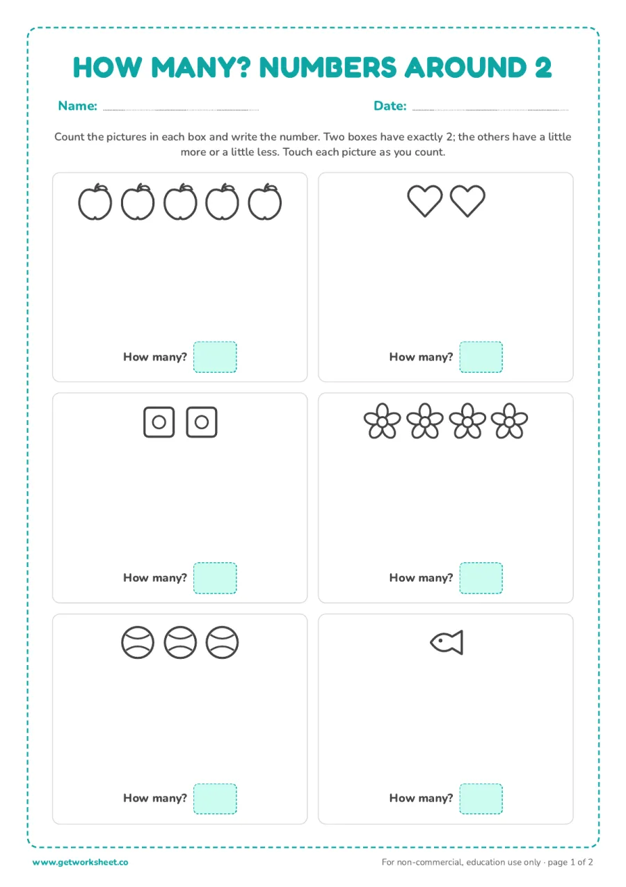 How many? Counting pictures around 2 (with answer key) – free printable PDF worksheet, page 1 preview (5 free number 2 tracing worksheets)