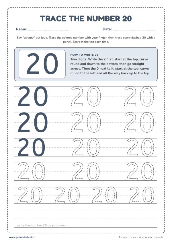 Free number 20 tracing worksheets – free printable worksheets preview