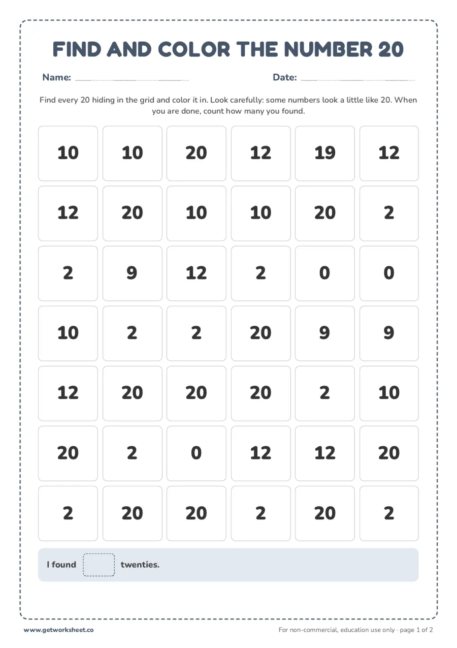 Find and color the number 20 (with answer key) – free printable PDF worksheet, page 1 preview (5 free number 20 tracing worksheets)