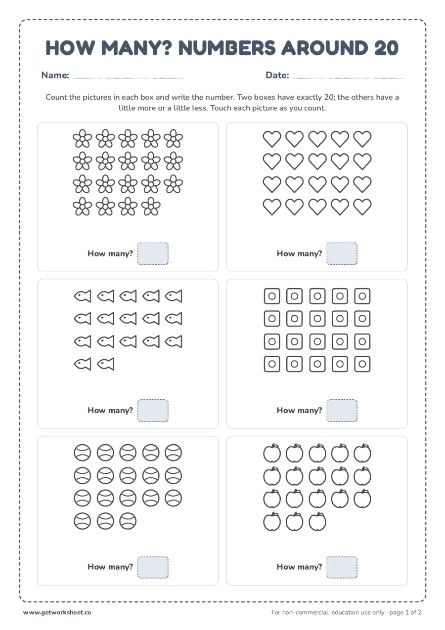 How many? Counting pictures around 20 (with answer key) – free printable PDF worksheet, page 1 preview (5 free number 20 tracing worksheets)