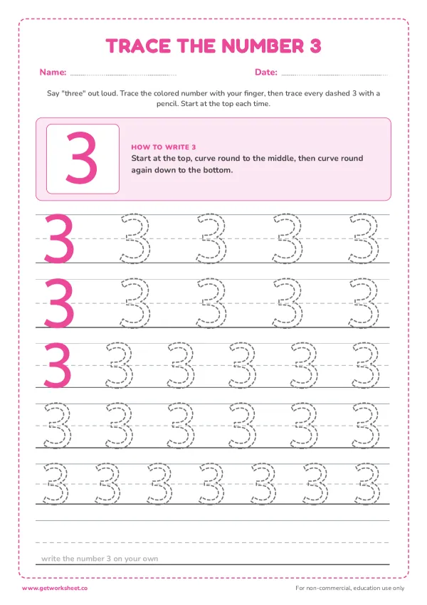 Free number 3 tracing worksheets – free printable worksheets preview