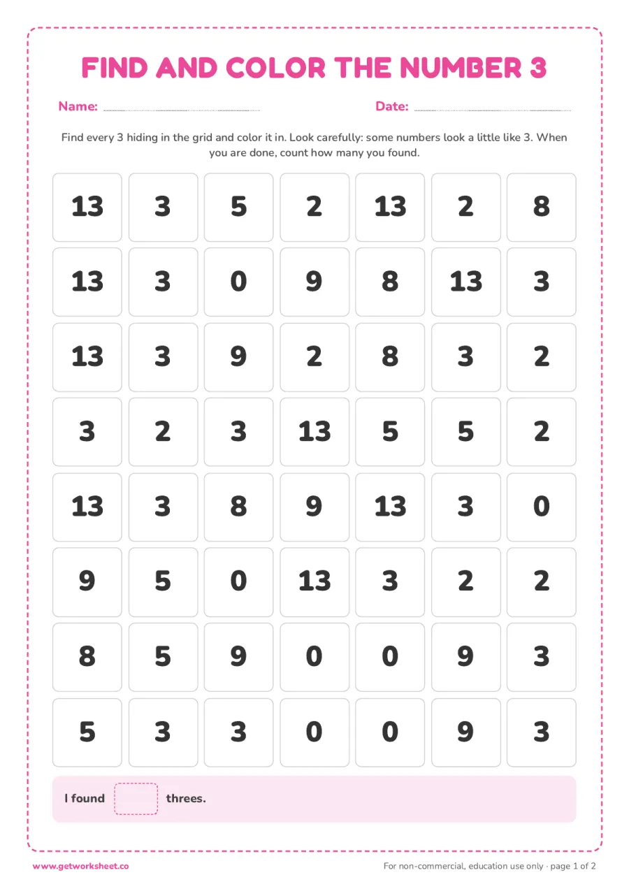 Find and color the number 3 (with answer key) – free printable PDF worksheet, page 1 preview (5 free number 3 tracing worksheets)