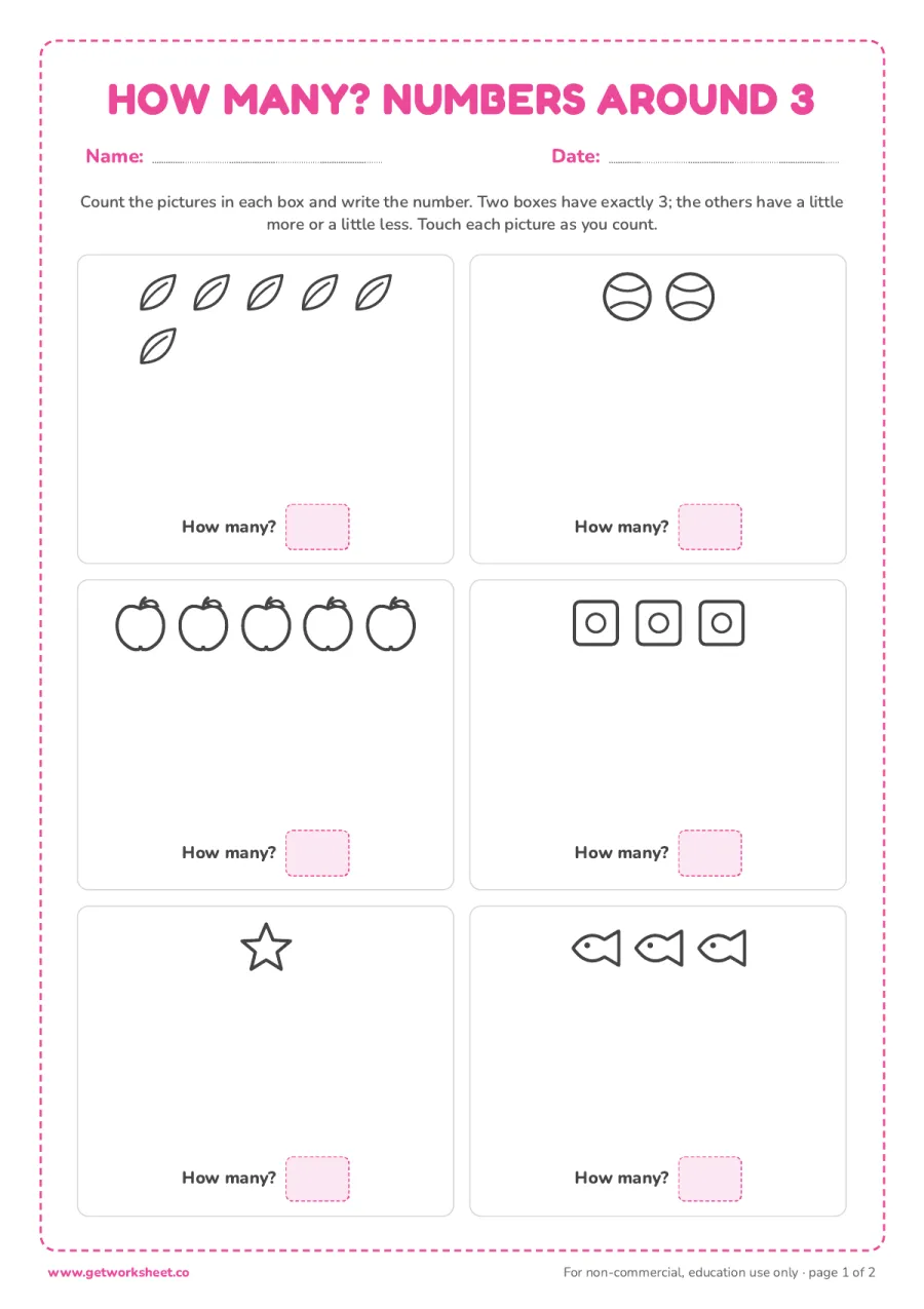 How many? Counting pictures around 3 (with answer key) – free printable PDF worksheet, page 1 preview (5 free number 3 tracing worksheets)