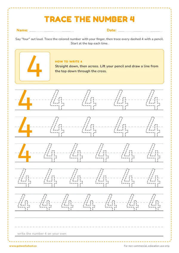 Free number 4 tracing worksheets – free printable worksheets preview