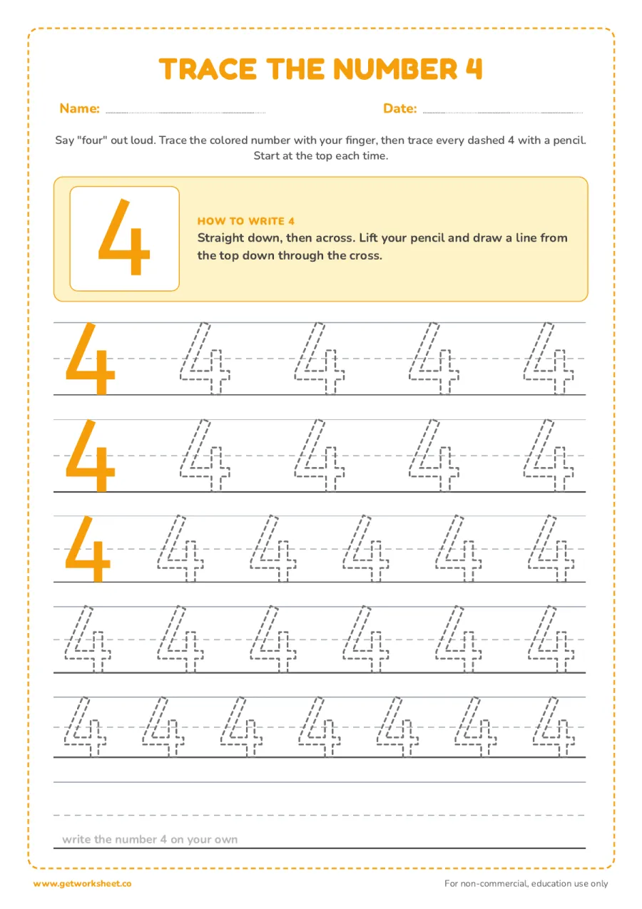 Trace the number 4: model, formation cue and five rows Trace the number 4: model, formation cue and five rows – free printable PDF worksheet, page 1 preview (5 free number 4 tracing worksheets)