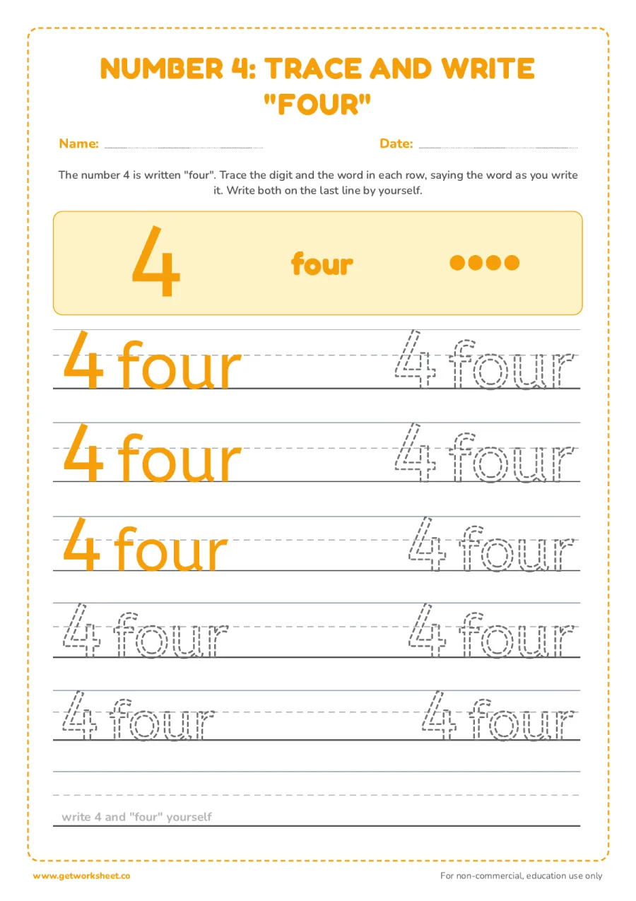 Number 4 and the word "four": trace and write Number 4 and the word "four": trace and write – free printable PDF worksheet, page 1 preview (5 free number 4 tracing worksheets)