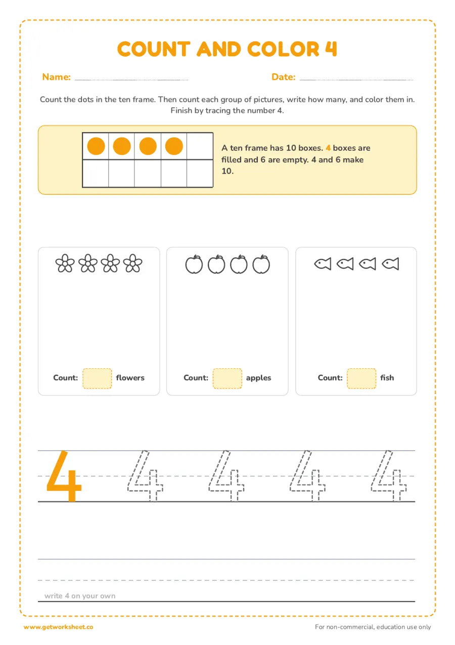 Count and color 4: ten frame and three groups Count and color 4: ten frame and three groups – free printable PDF worksheet, page 1 preview (5 free number 4 tracing worksheets)