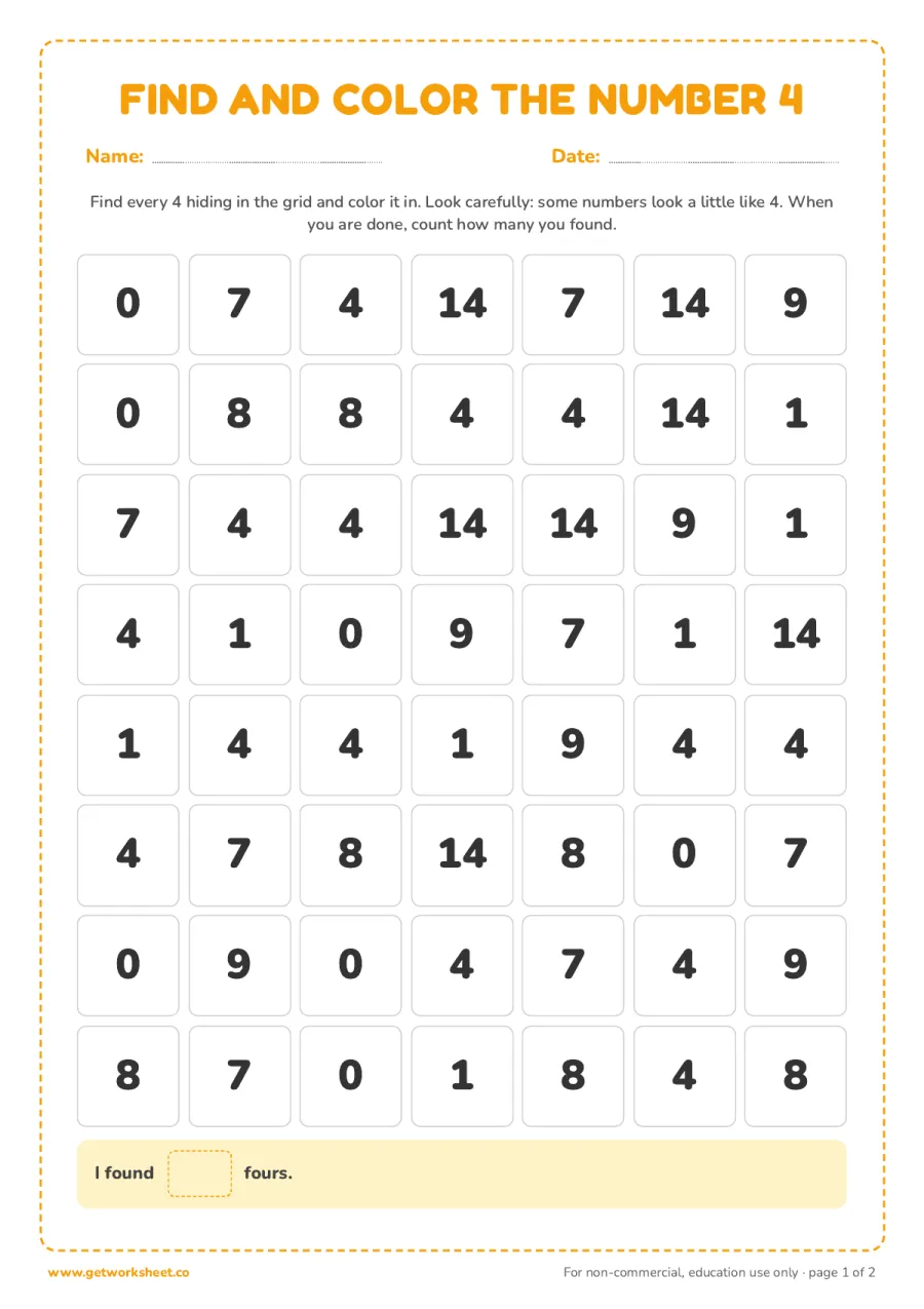Find and color the number 4 (with answer key) Find and color the number 4 (with answer key) – free printable PDF worksheet, page 1 preview (5 free number 4 tracing worksheets)