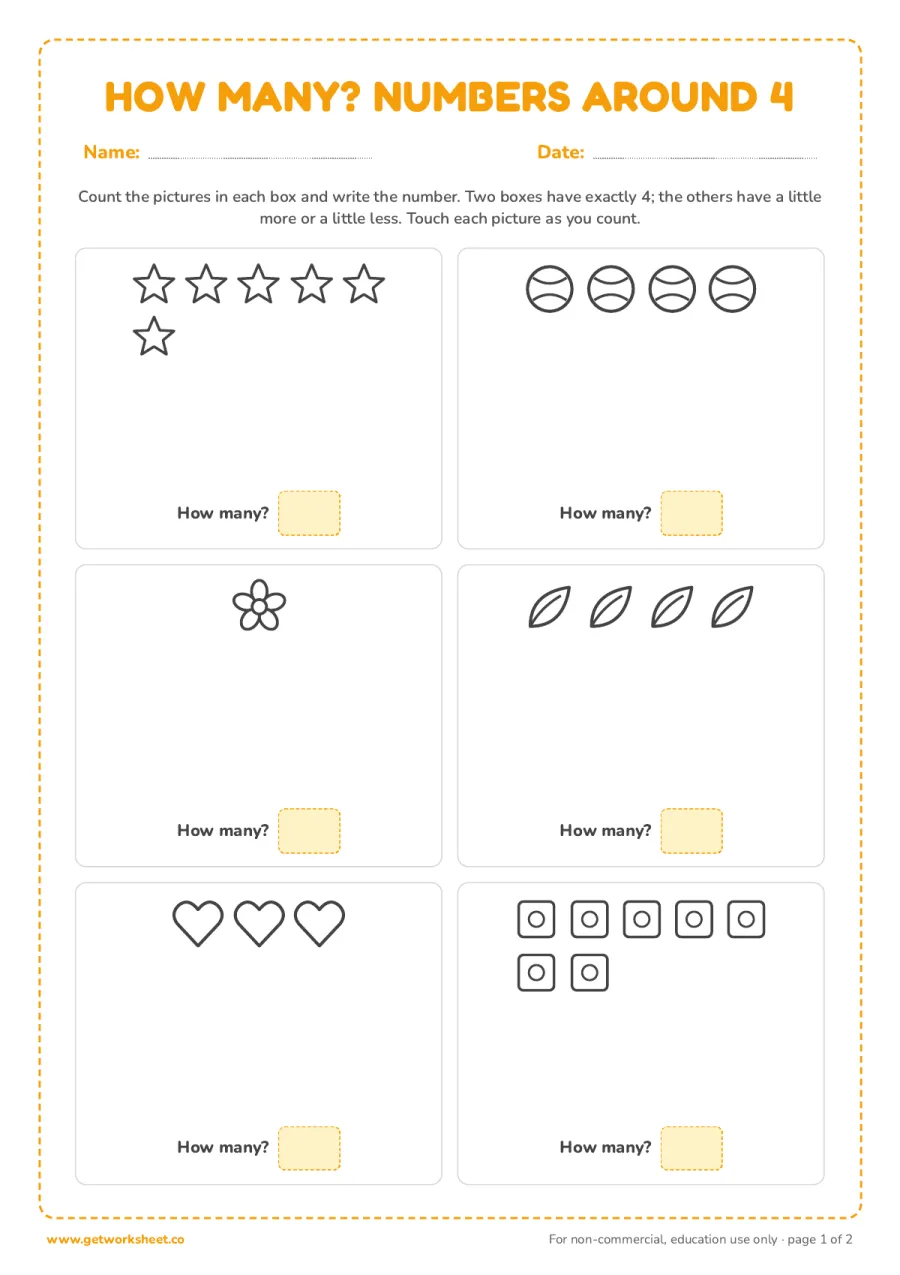 How many? Counting pictures around 4 (with answer key) How many? Counting pictures around 4 (with answer key) – free printable PDF worksheet, page 1 preview (5 free number 4 tracing worksheets)