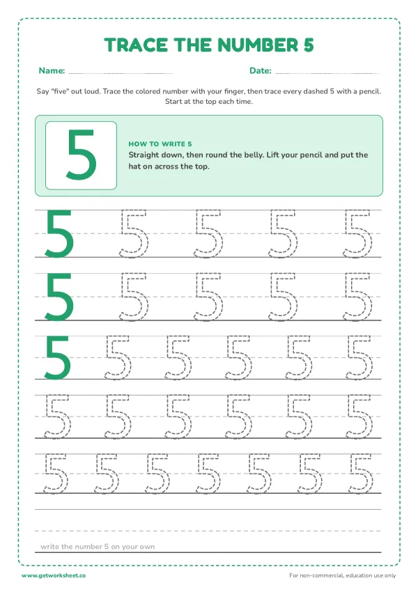 Free number 5 tracing worksheets – free printable worksheets preview