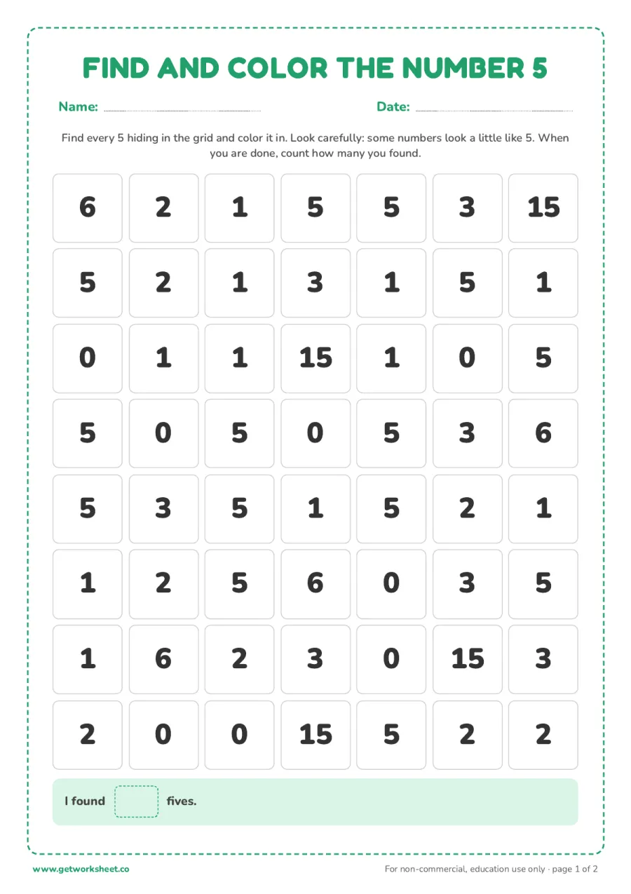 Find and color the number 5 (with answer key) – free printable PDF worksheet, page 1 preview (5 free number 5 tracing worksheets)