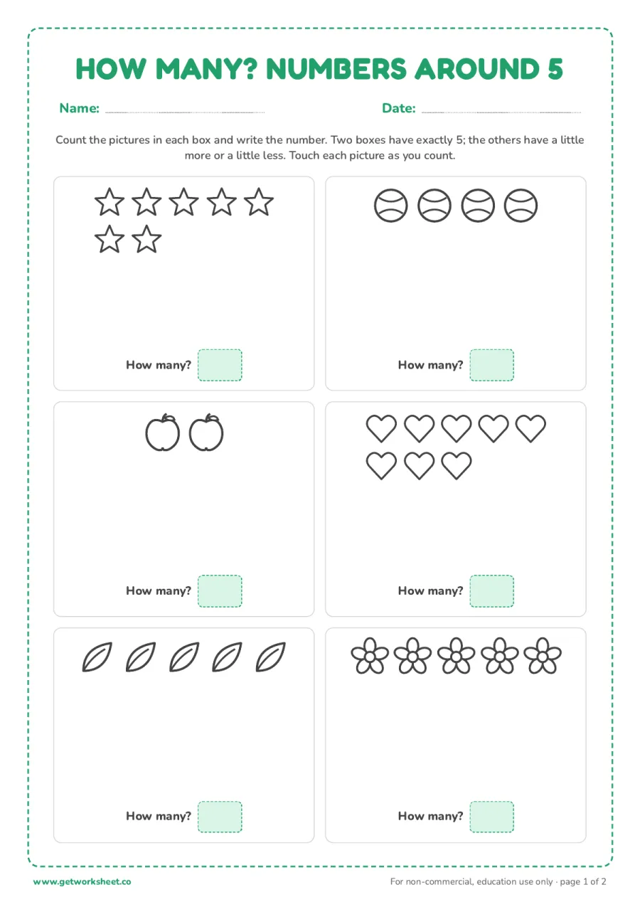 How many? Counting pictures around 5 (with answer key) – free printable PDF worksheet, page 1 preview (5 free number 5 tracing worksheets)