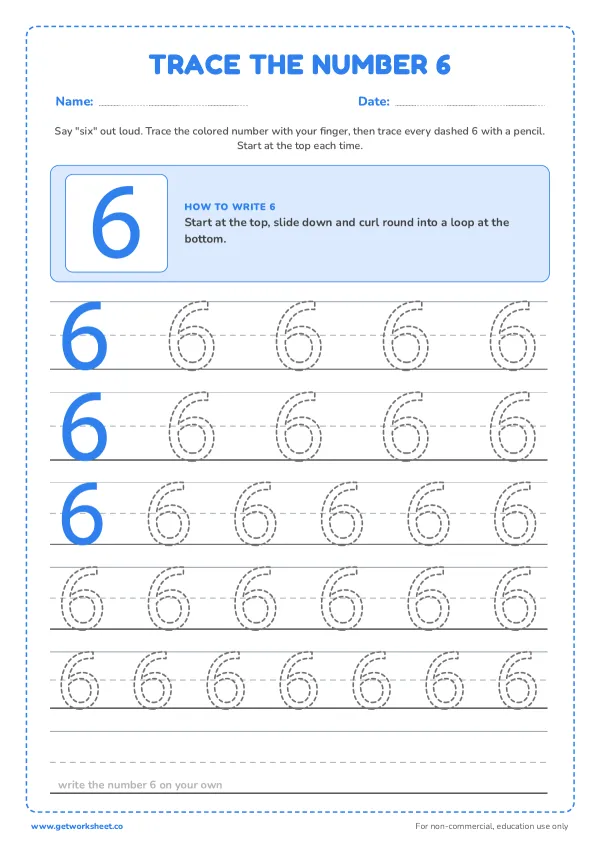Free number 6 tracing worksheets – free printable worksheets preview