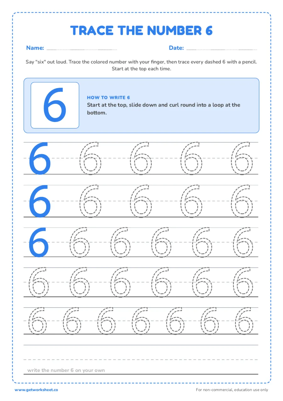 Trace the number 6: model, formation cue and five rows Trace the number 6: model, formation cue and five rows – free printable PDF worksheet, page 1 preview (5 free number 6 tracing worksheets)