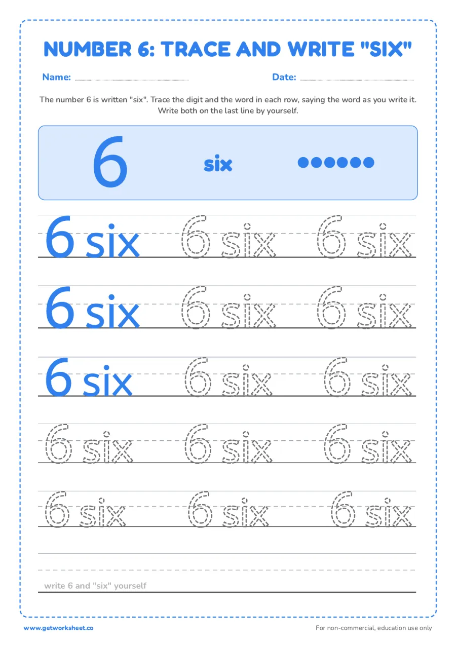 Number 6 and the word "six": trace and write Number 6 and the word "six": trace and write – free printable PDF worksheet, page 1 preview (5 free number 6 tracing worksheets)