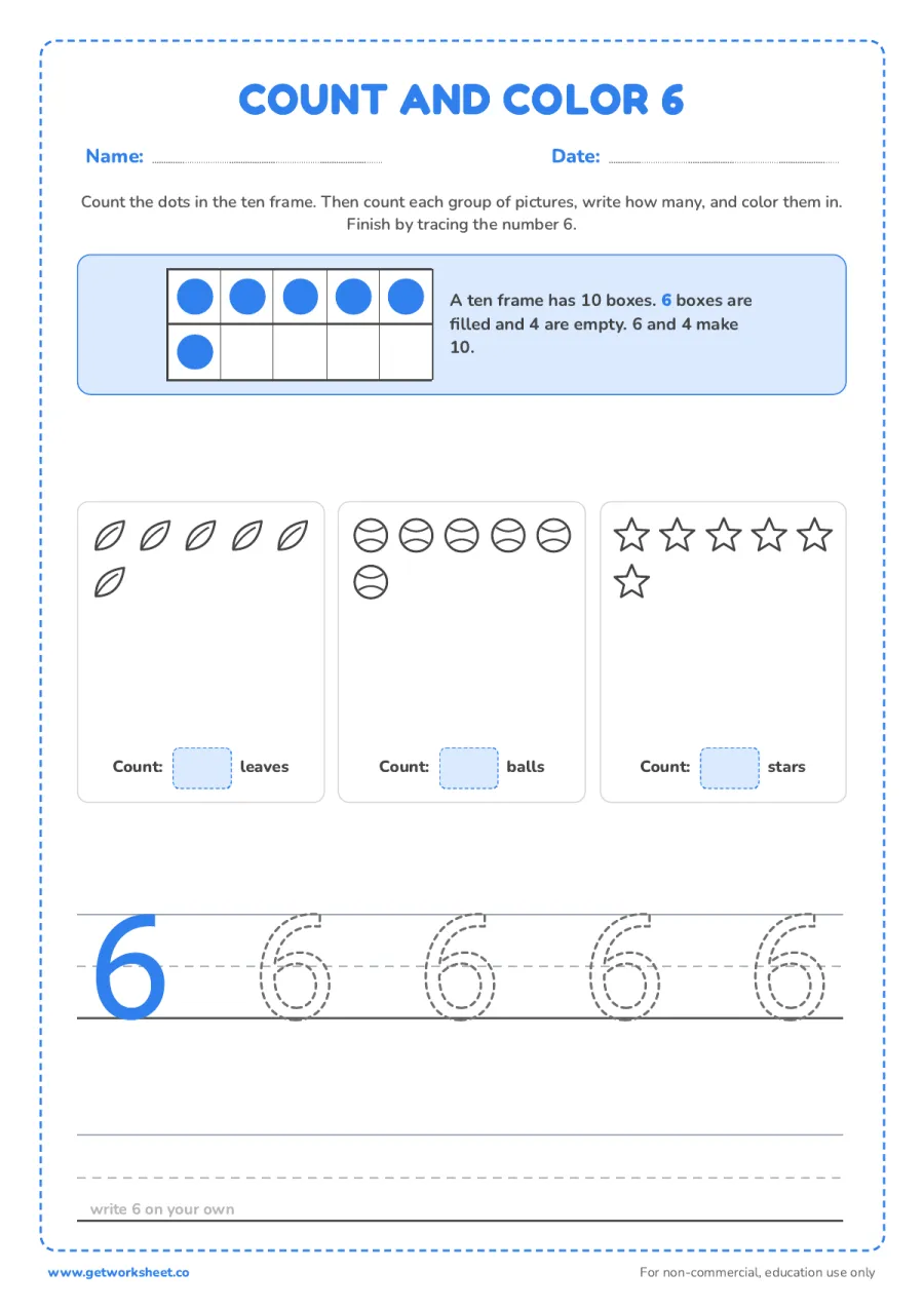 Count and color 6: ten frame and three groups Count and color 6: ten frame and three groups – free printable PDF worksheet, page 1 preview (5 free number 6 tracing worksheets)