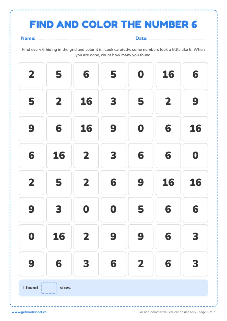 Find and color the number 6 (with answer key) Find and color the number 6 (with answer key) – free printable PDF worksheet, page 1 preview (5 free number 6 tracing worksheets)