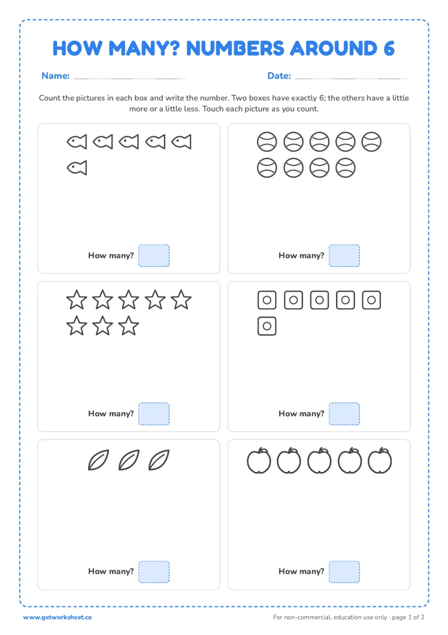 How many? Counting pictures around 6 (with answer key) How many? Counting pictures around 6 (with answer key) – free printable PDF worksheet, page 1 preview (5 free number 6 tracing worksheets)
