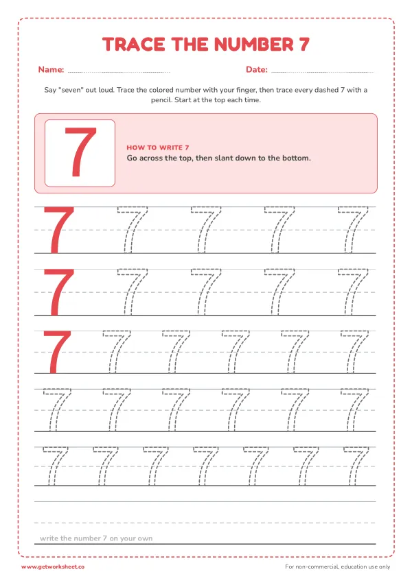Free number 7 tracing worksheets – free printable worksheets preview