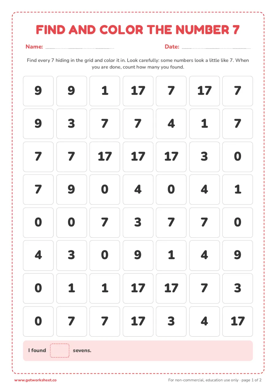 Find and color the number 7 (with answer key) – free printable PDF worksheet, page 1 preview (5 free number 7 tracing worksheets)