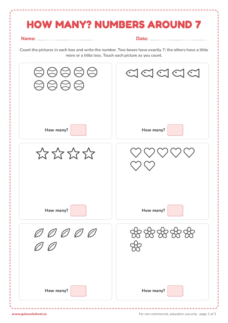 How many? Counting pictures around 7 (with answer key) – free printable PDF worksheet, page 1 preview (5 free number 7 tracing worksheets)