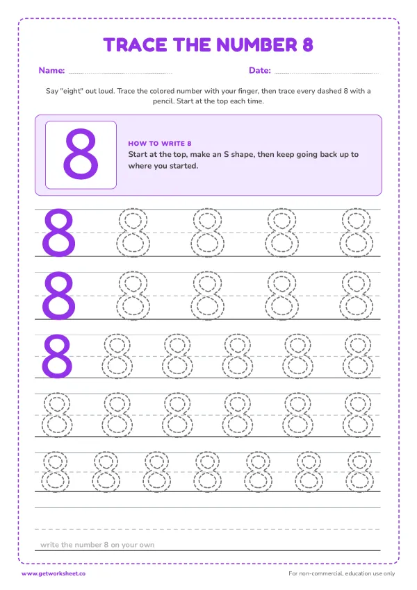 Free number 8 tracing worksheets – free printable worksheets preview