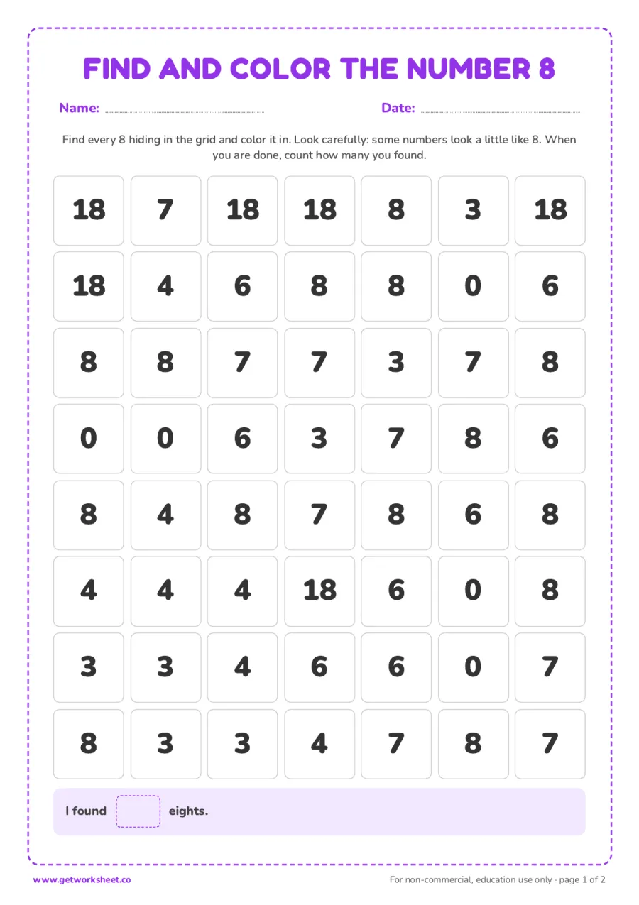 Find and color the number 8 (with answer key) – free printable PDF worksheet, page 1 preview (5 free number 8 tracing worksheets)