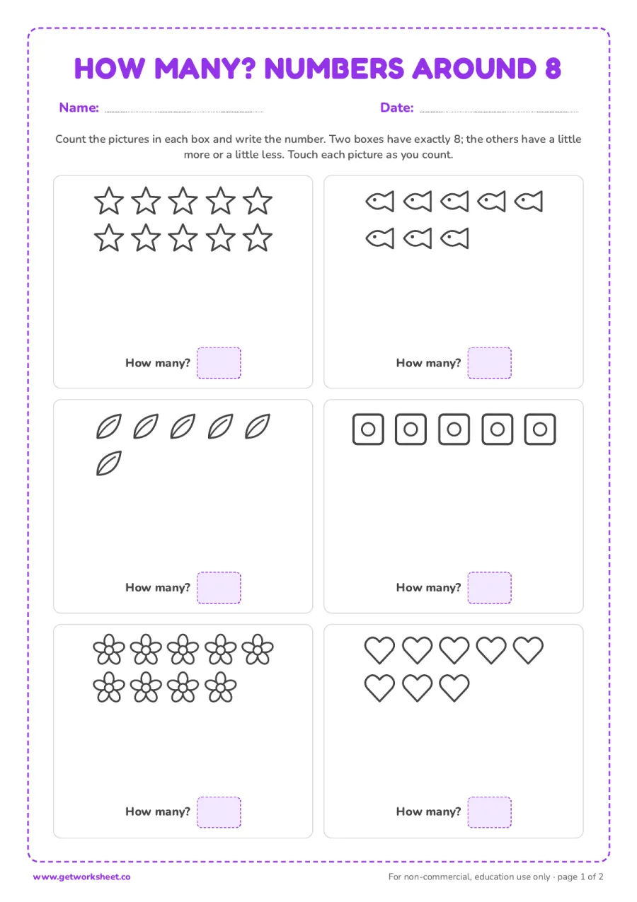 How many? Counting pictures around 8 (with answer key) – free printable PDF worksheet, page 1 preview (5 free number 8 tracing worksheets)