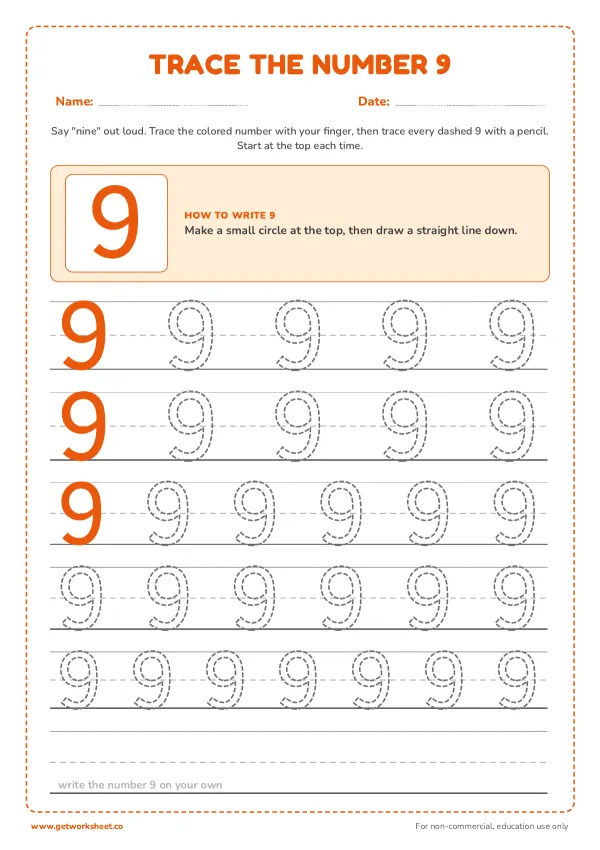 Free number 9 tracing worksheets – free printable worksheets preview