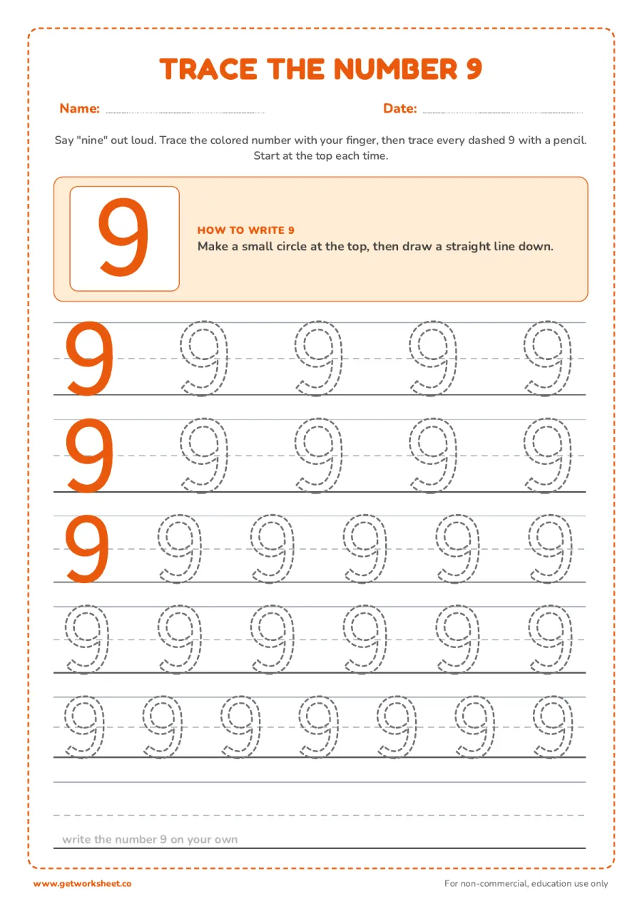 Trace the number 9: model, formation cue and five rows Trace the number 9: model, formation cue and five rows – free printable PDF worksheet, page 1 preview (5 free number 9 tracing worksheets)