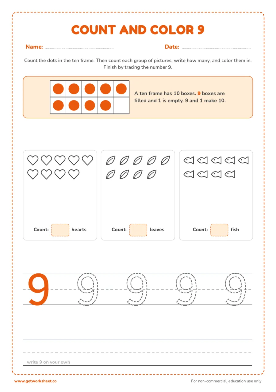 Count and color 9: ten frame and three groups Count and color 9: ten frame and three groups – free printable PDF worksheet, page 1 preview (5 free number 9 tracing worksheets)