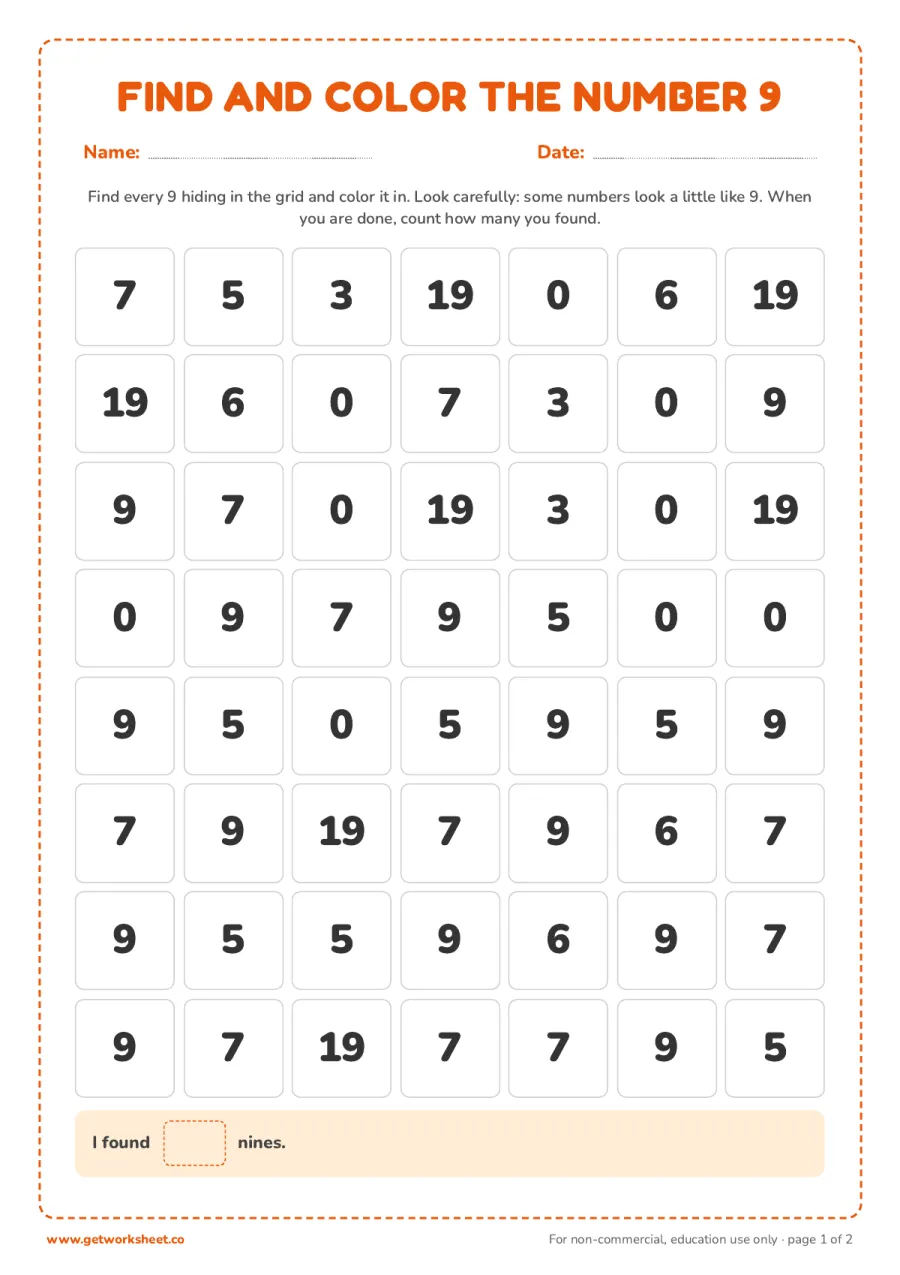Find and color the number 9 (with answer key) Find and color the number 9 (with answer key) – free printable PDF worksheet, page 1 preview (5 free number 9 tracing worksheets)