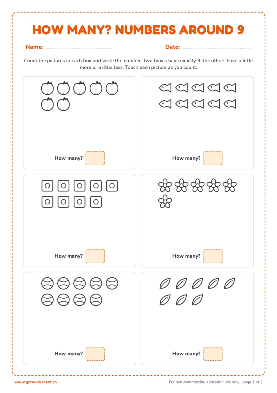 How many? Counting pictures around 9 (with answer key) How many? Counting pictures around 9 (with answer key) – free printable PDF worksheet, page 1 preview (5 free number 9 tracing worksheets)
