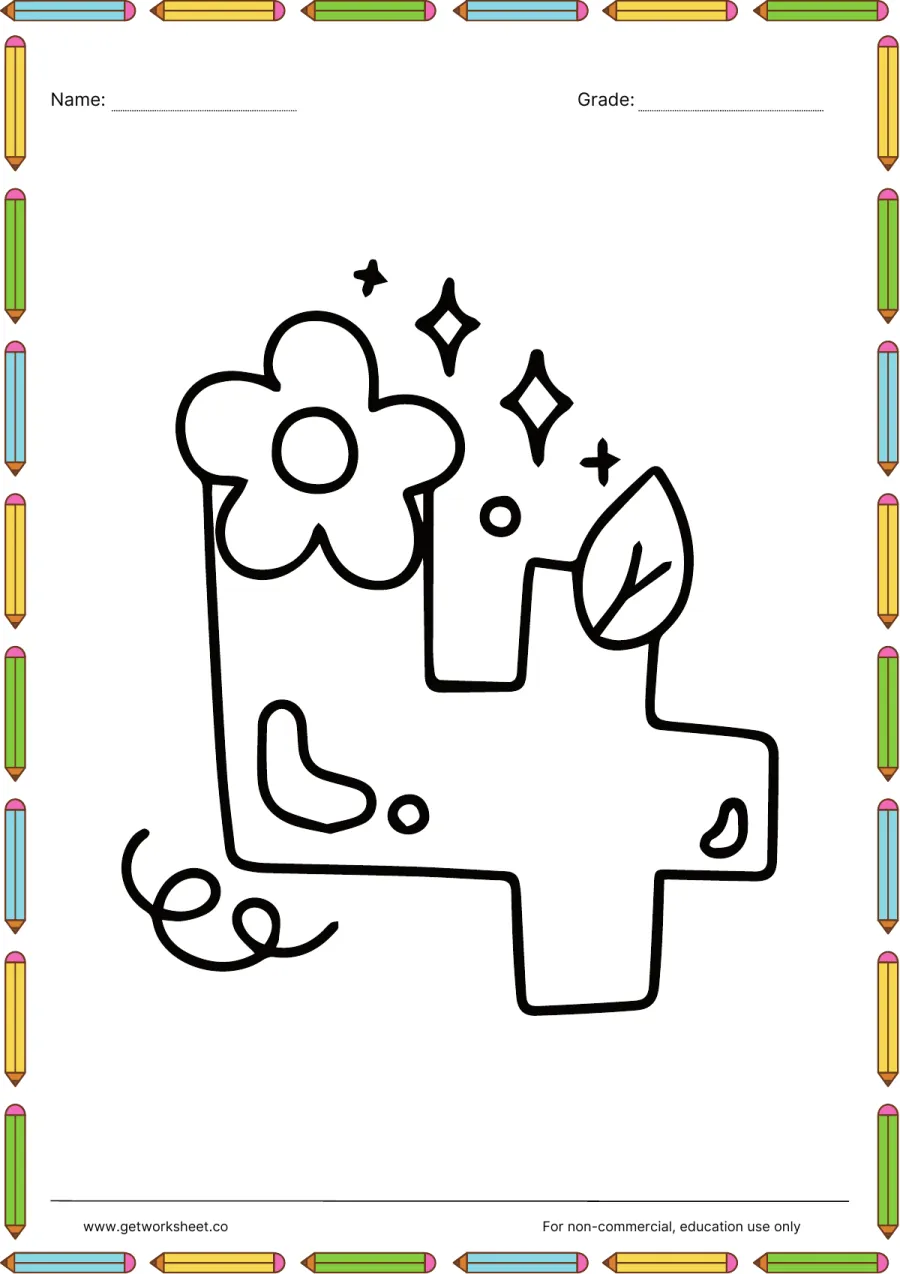 Number 4 coloring page: flower on top and swirl – free printable PDF worksheet, page 1 preview (Free printable number coloring pages)