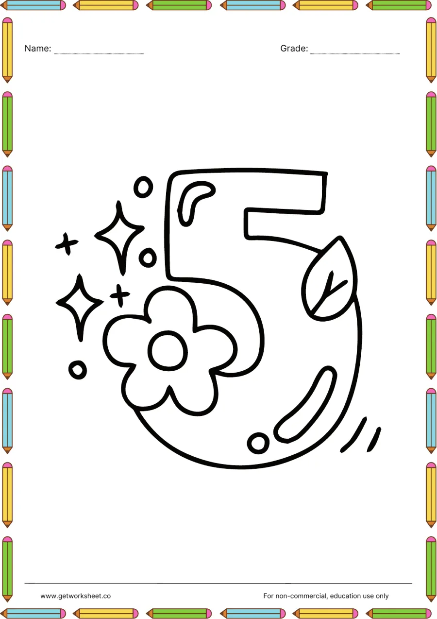 Number 5 coloring page: flower on the curve – free printable PDF worksheet, page 1 preview (Free printable number coloring pages)