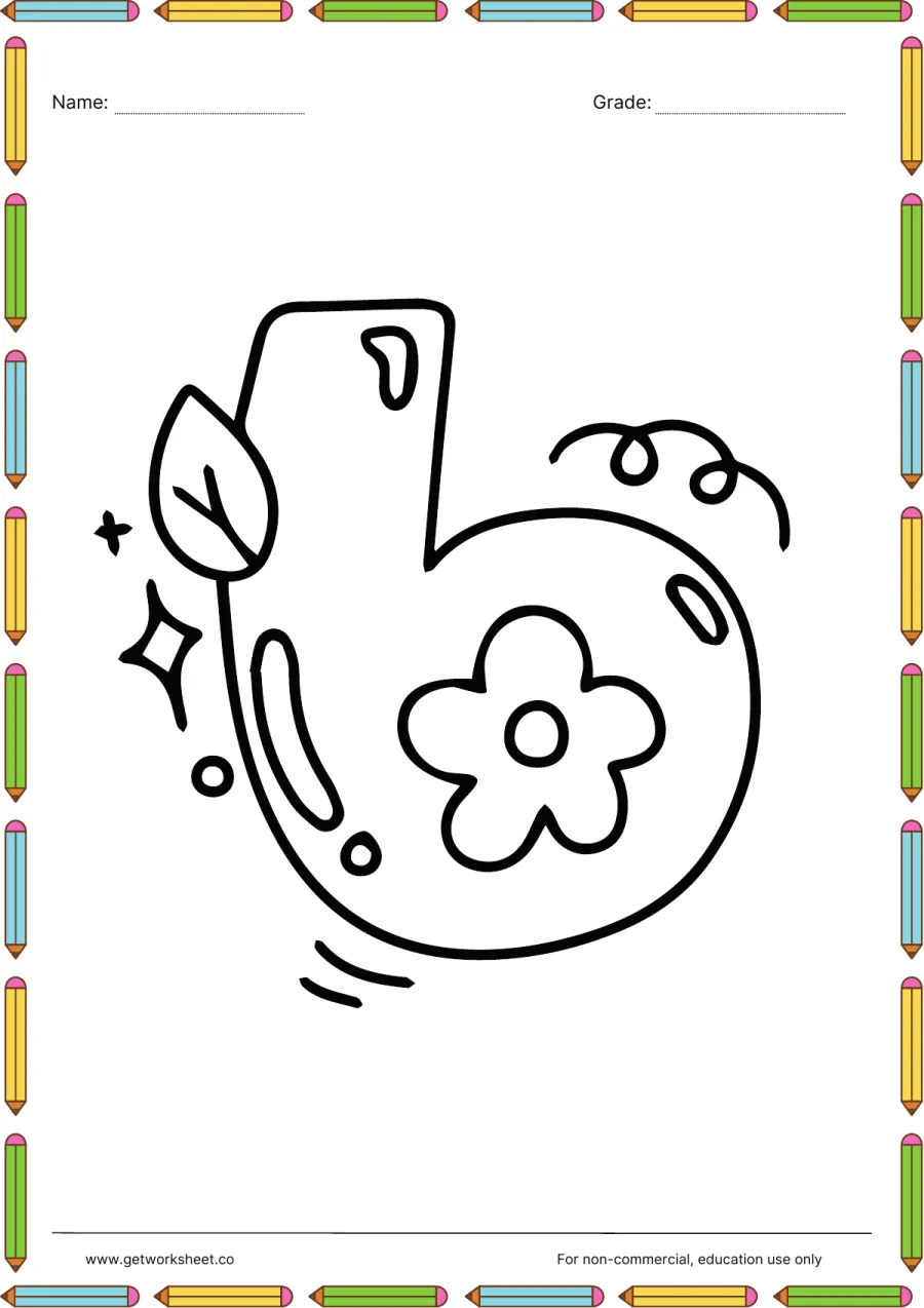 Number 6 coloring page: flower inside the loop – free printable PDF worksheet, page 1 preview (Free printable number coloring pages)