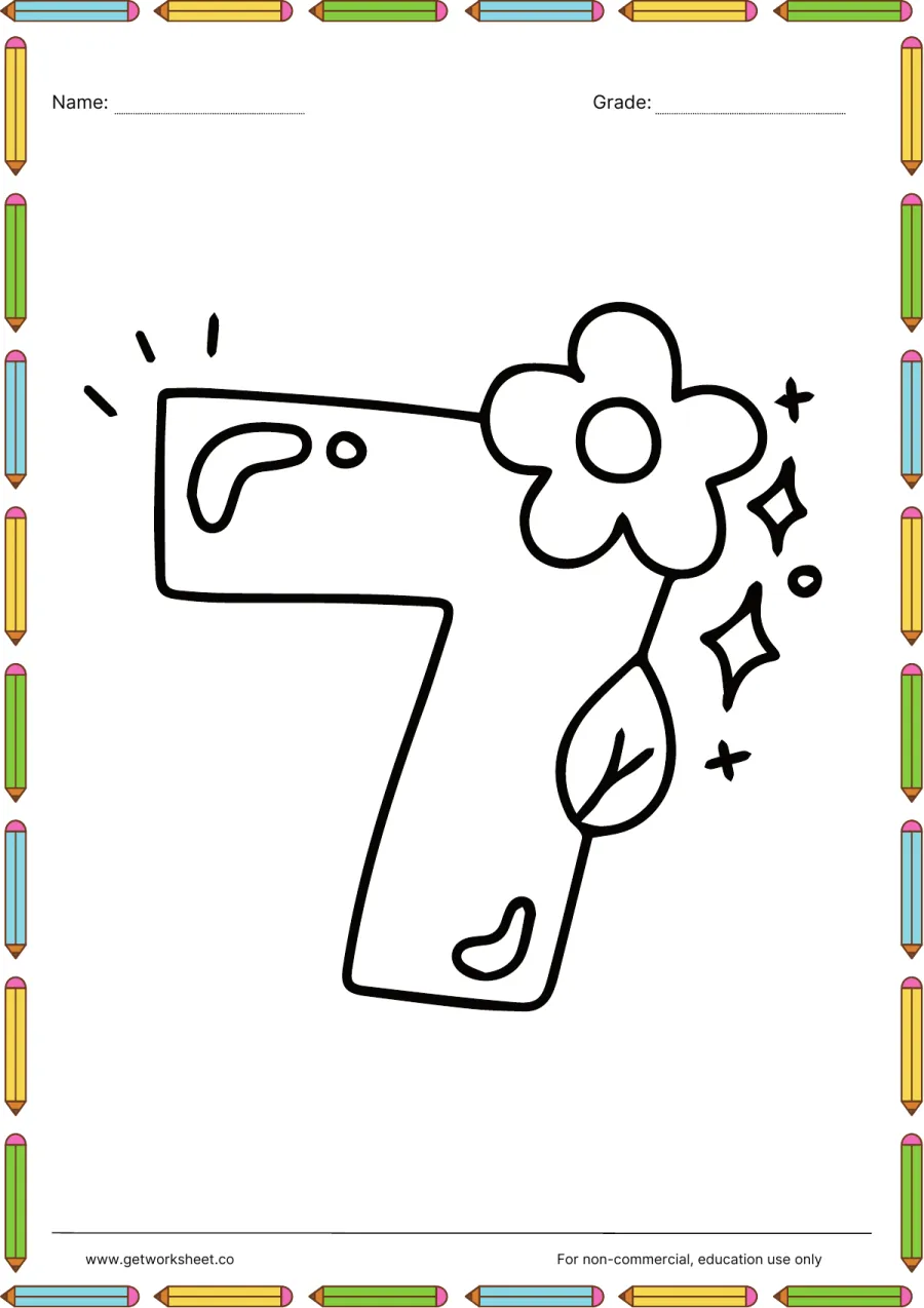 Number 7 coloring page: flower and leaf on the stem – free printable PDF worksheet, page 1 preview (Free printable number coloring pages)