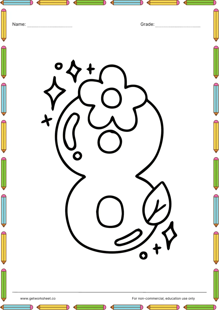 Number 8 coloring page: flower on the top loop – free printable PDF worksheet, page 1 preview (Free printable number coloring pages)