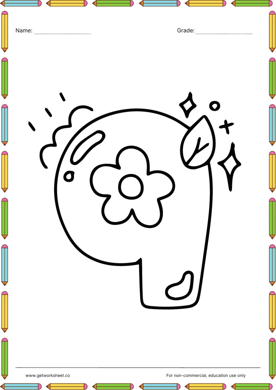 Number 9 coloring page: flower inside the loop and leaf – free printable PDF worksheet, page 1 preview (Free printable number coloring pages)