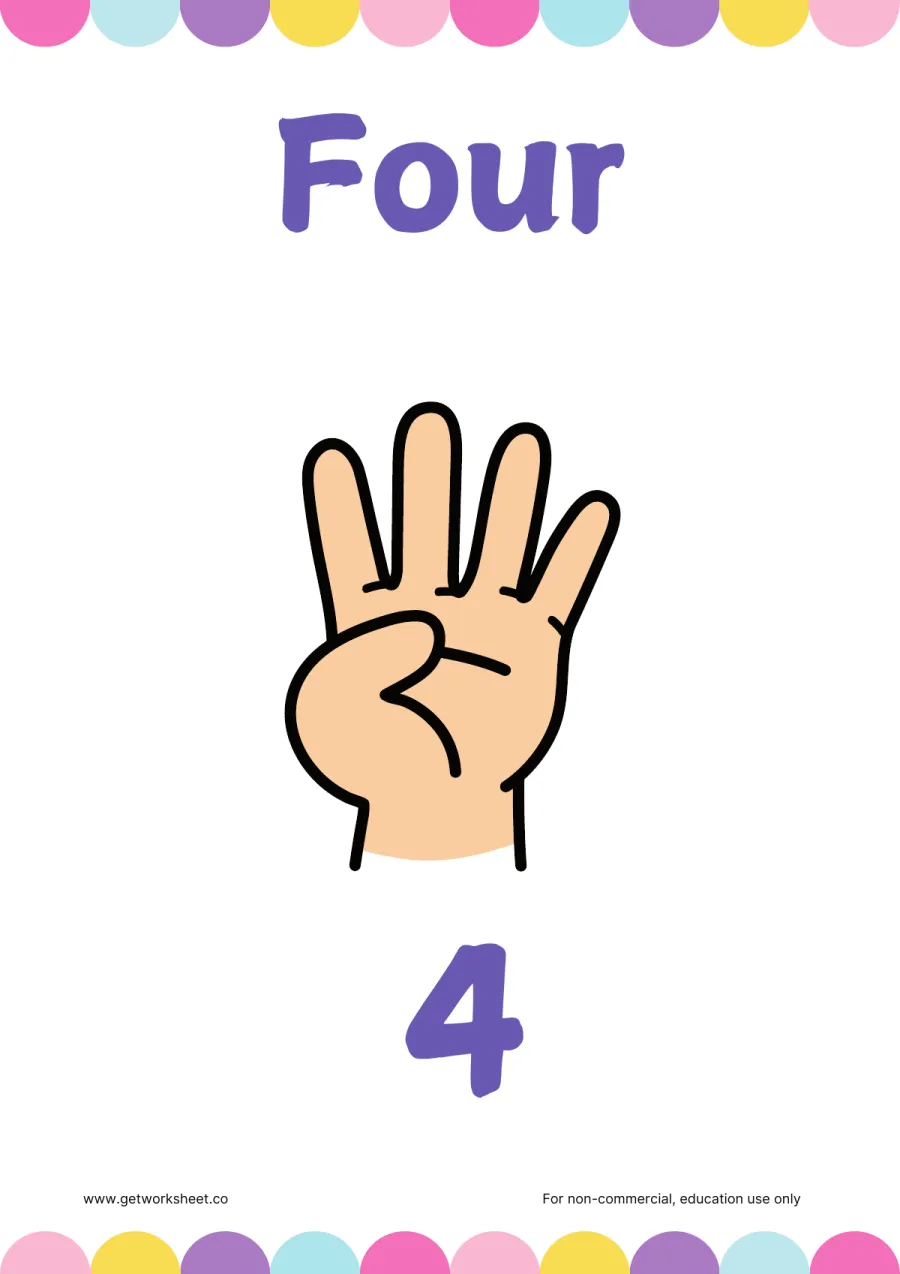 Number 4 flashcard: Four with 4 fingers held up – free printable PDF worksheet, page 1 preview (Free number flashcards)