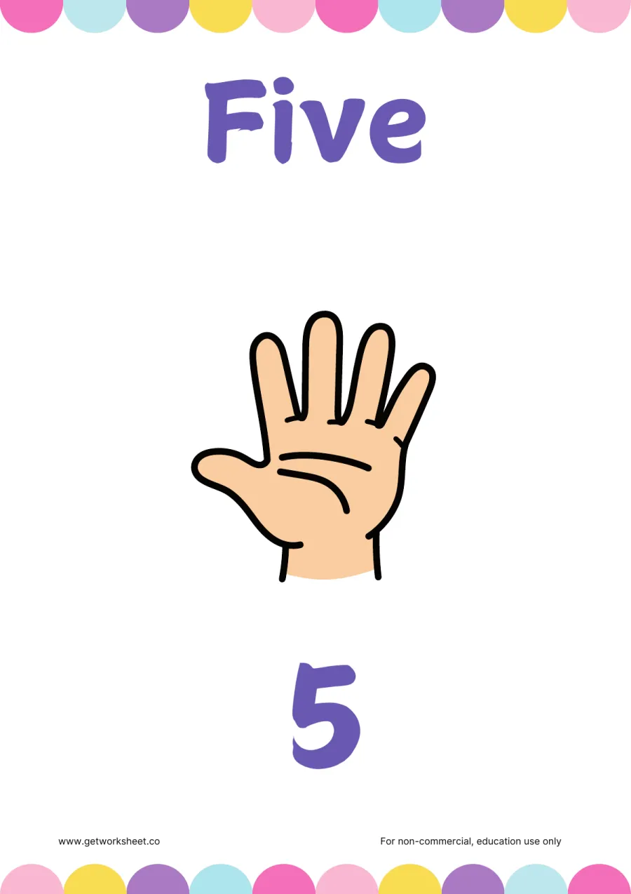 Number 5 flashcard: Five with 5 fingers held up – free printable PDF worksheet, page 1 preview (Free number flashcards)