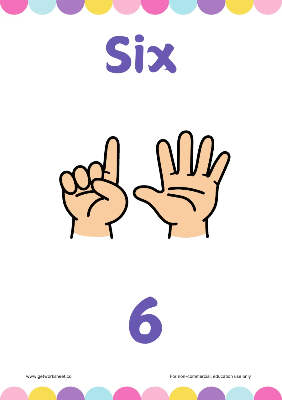 Number 6 flashcard: Six with 6 fingers held up – free printable PDF worksheet, page 1 preview (Free number flashcards)