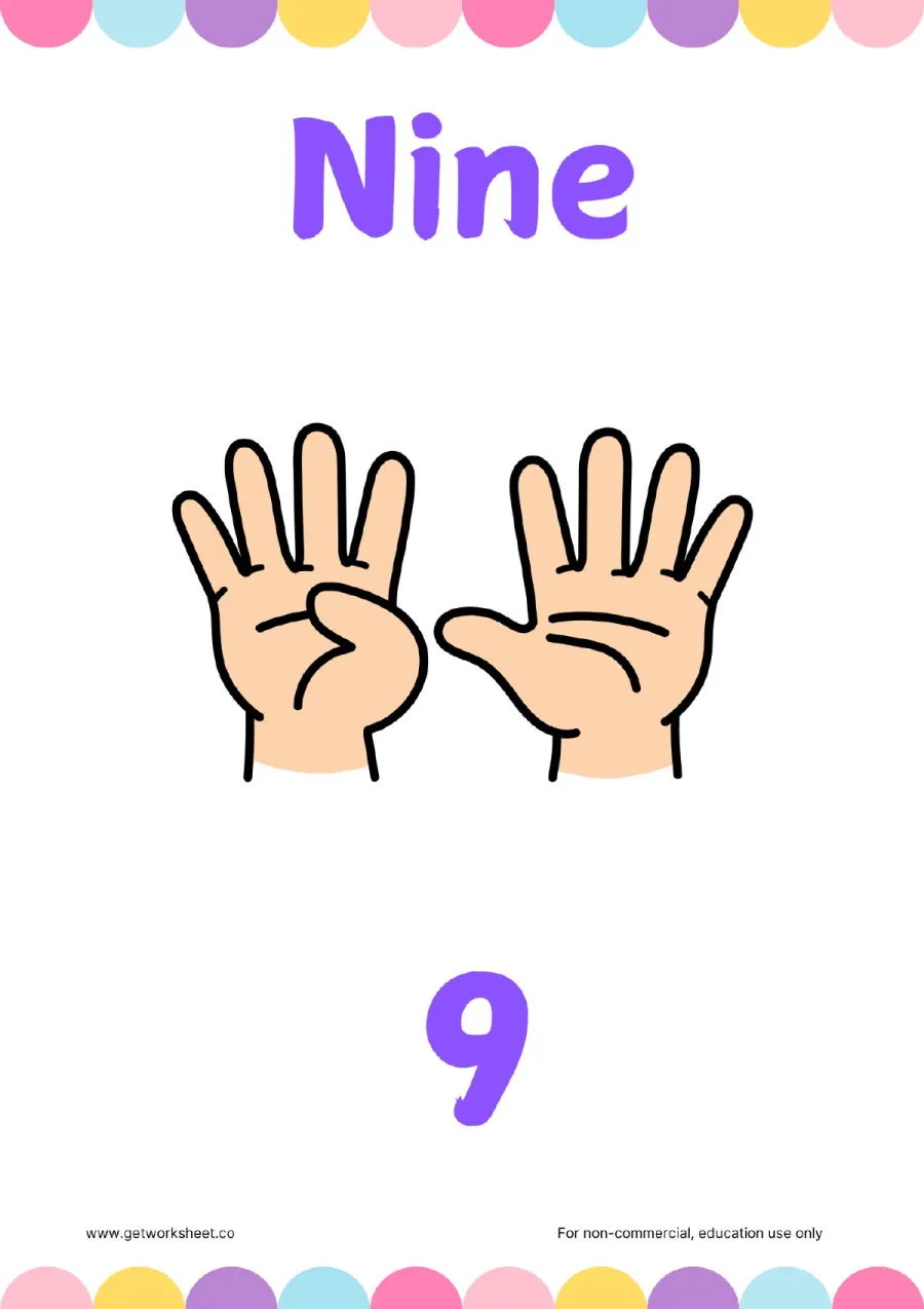 Number 9 flashcard: Nine with 9 fingers held up – free printable PDF worksheet, page 1 preview (Free number flashcards)