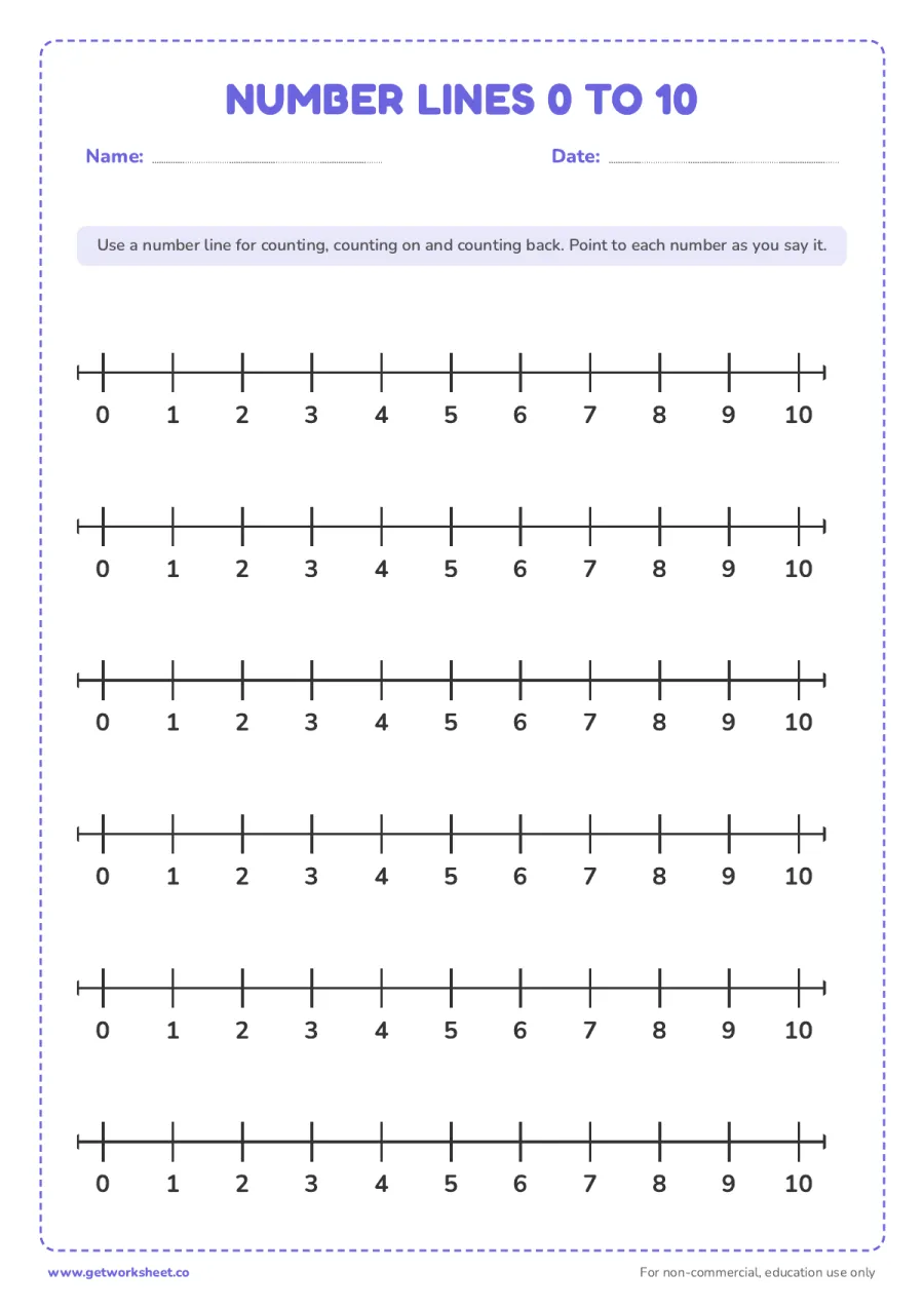Number lines 0 to 10 Number lines 0 to 10 – free printable PDF worksheet, page 1 preview (8 free number line printables)