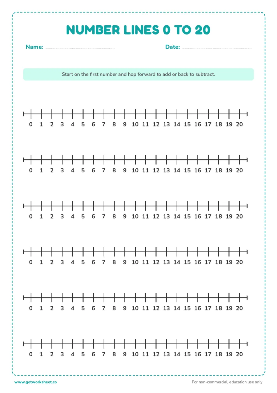 Number lines 0 to 20 Number lines 0 to 20 – free printable PDF worksheet, page 1 preview (8 free number line printables)