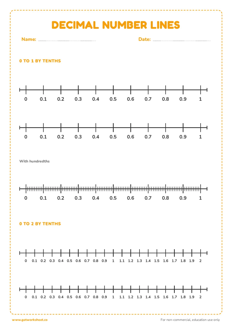 Decimal number lines 0 to 1 and 0 to 2 by tenths Decimal number lines 0 to 1 and 0 to 2 by tenths – free printable PDF worksheet, page 1 preview (8 free number line printables)