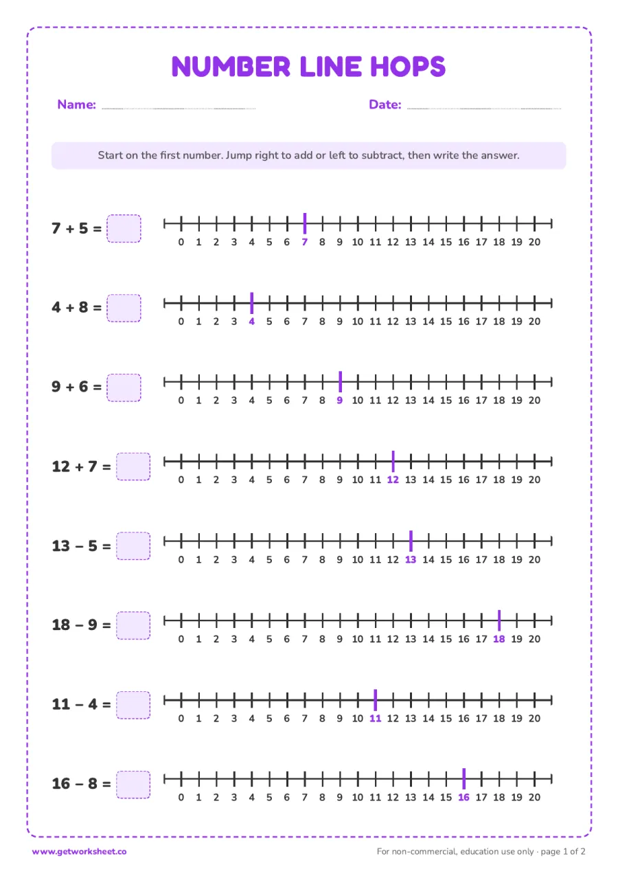 Addition and subtraction hops on the number line Addition and subtraction hops on the number line – free printable PDF worksheet, page 1 preview (8 free number line printables)