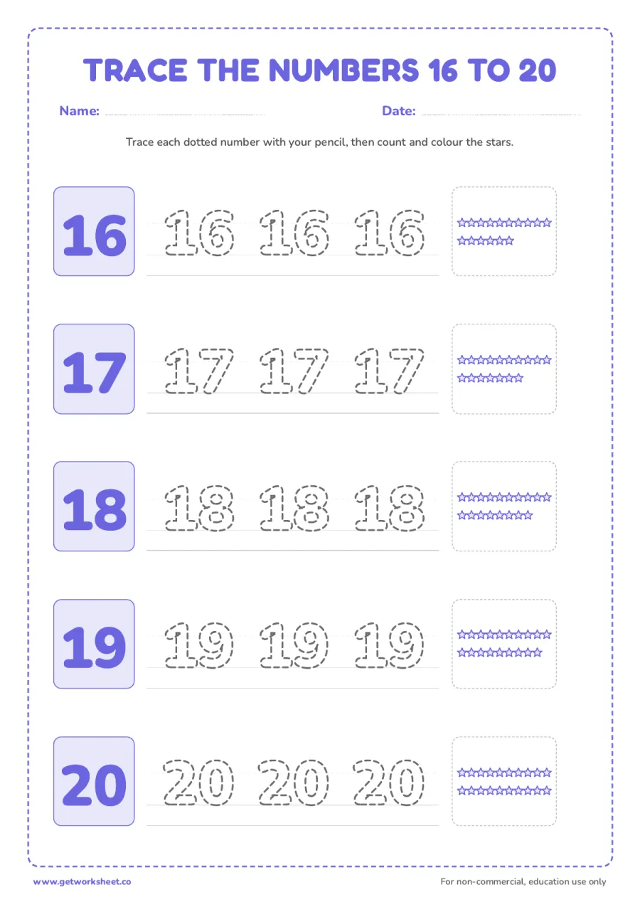 Trace numbers 16 to 20 four times, then colour the stars – free printable PDF worksheet, page 1 preview (4 free number tracing worksheets (1-20))