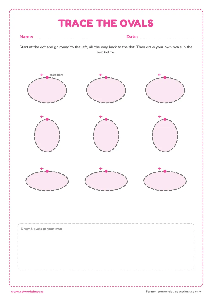 Trace the ovals: 9 large ovals, then draw 3 of your own Trace the ovals: 9 large ovals, then draw 3 of your own – free printable PDF worksheet, page 1 preview (3 free oval tracing worksheets)
